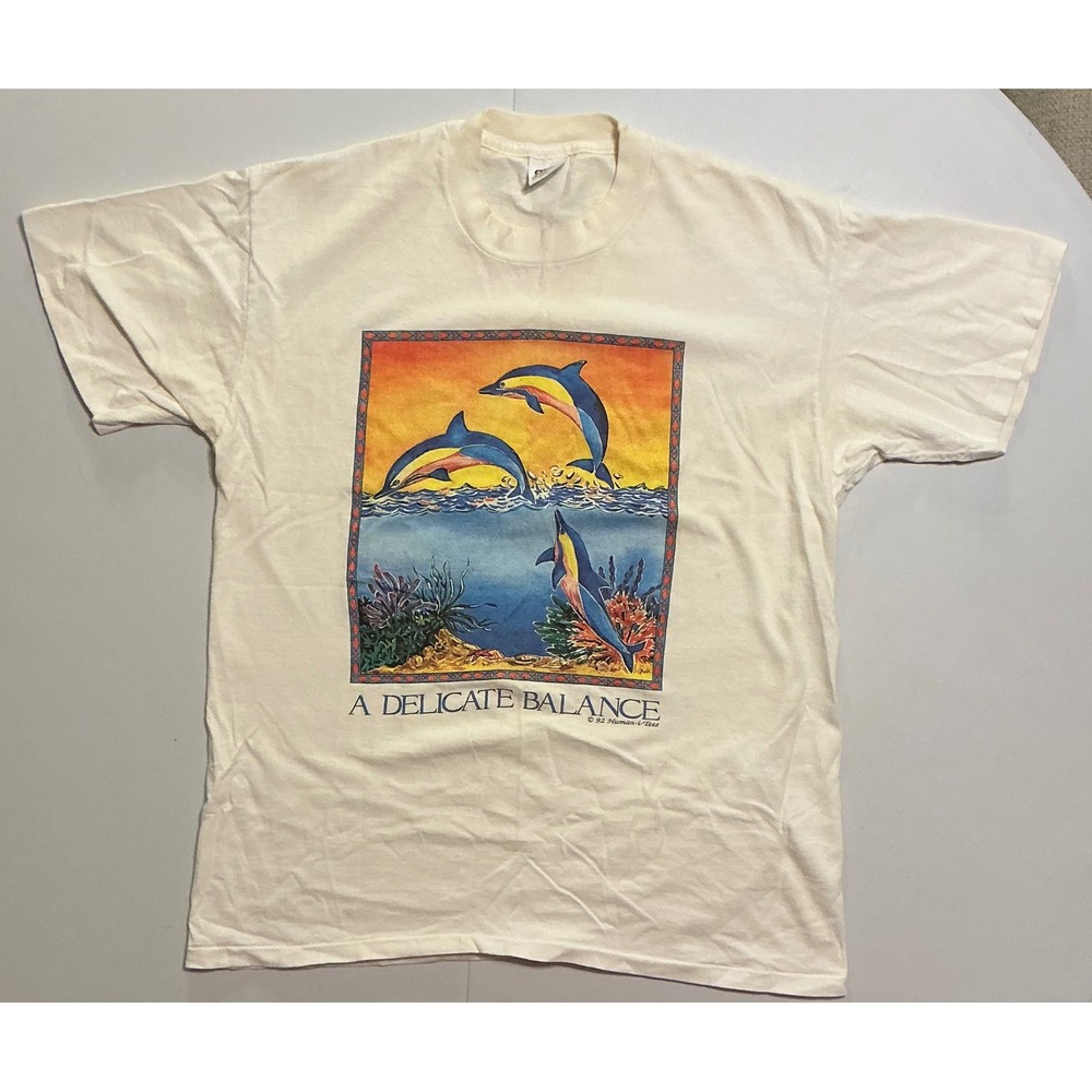 VTG USA Made Single Stitch Dolphin Rainbow Nature Beach Travel‎ T-Shirt Mens L